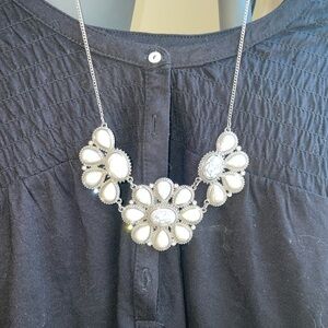 Statement Necklace- Silver toned and quartz like cabision beads Floral Pattern
